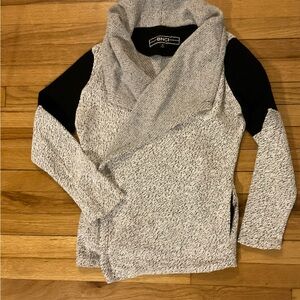 BNCI cardigan with shawl collar & drape front. Gray w/black. Size Medium.